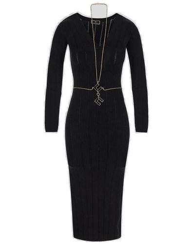 Elisabetta Franchi Knit Midi Dress With Chain - Black