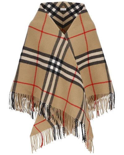 Burberry Check Printed Fringed Cape - White