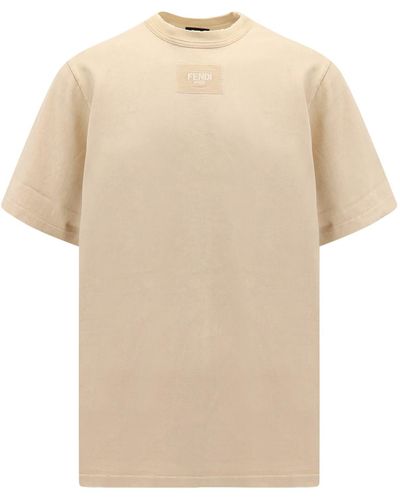 Fendi Crew Neck Regular Fit Cotton T-shirts - Natural