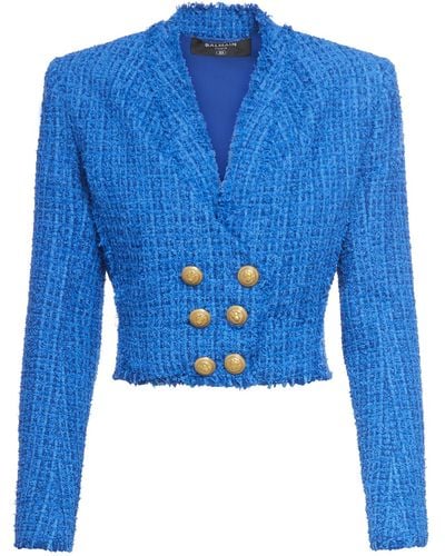 Balmain Cropped Tweed Blazer - Blue