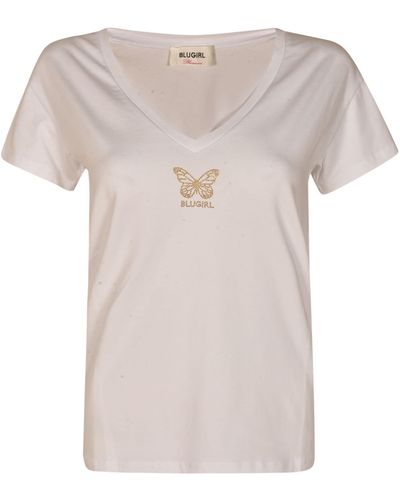 Blugirl Blumarine Chest Logo V-Neck Regular T-Shirt - White