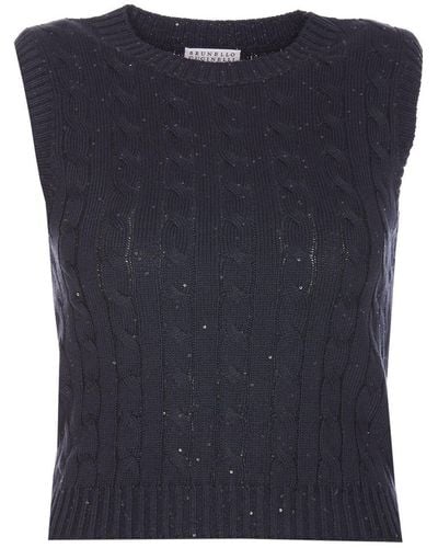 Brunello Cucinelli Sequin Embellished Cable-knitted Top - Blue