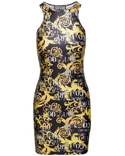 Versace Black And Gold Mini Dresse With Signature Baroque Print All-over In Polyester Woman - Yellow