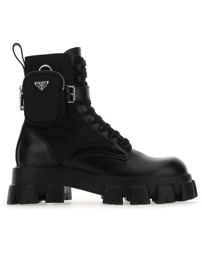 Prada Re-Nylon & Leather Zip Pocket Combat Boots - Black
