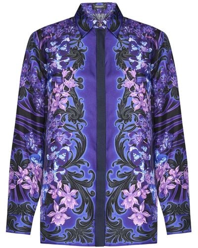 Versace Orchid Barocco Print Silk Shirt - Blue