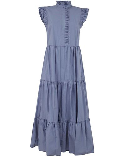 Twin Set Sleveless Rouche Long Dress With Flounce - Blue