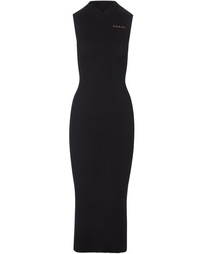 Marni Black Long Sleeveless Ribbed Knit Dress