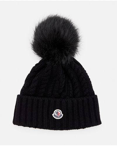 Moncler Ponpon Wool Cashmere Blend Beanie Hat - Black