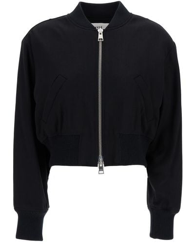 Ami Paris Black Crop Bomber Jacket With Logo Patch In Wool Blend Woman