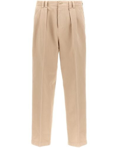 Brunello Cucinelli Cotton Trousers With Front Pleats - Natural