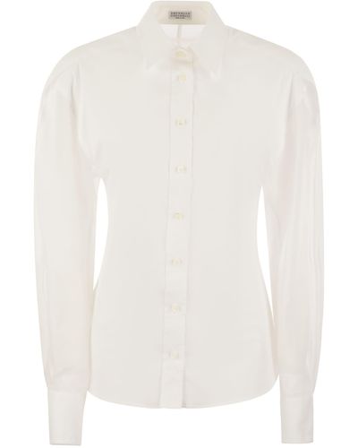 Brunello Cucinelli Stretch Cotton Poplin Shirt With Cotton Organza Sleeves And Necklace - White