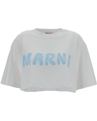 Marni White Cropped T-shirt With Logo Print In Cotton Woman - Blue