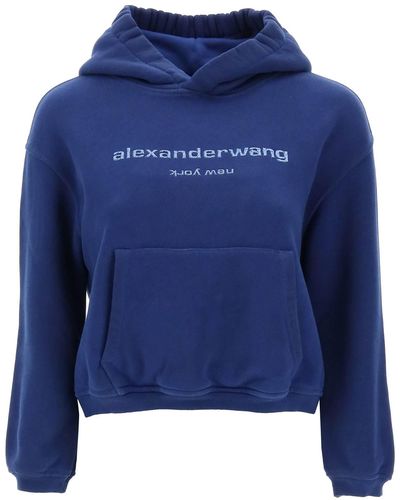 Alexander Wang Cropped Hoodie With Glitter Logo - Blue