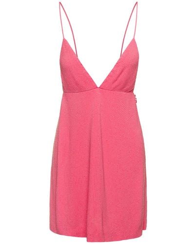 DSquared² Mini Salmon Dress With Plunging V Neck And Tonal Rhinestone In Viscose - Pink