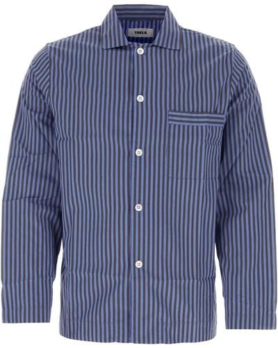 Tekla Embroidered Cotton Pajama Shirt - Blue