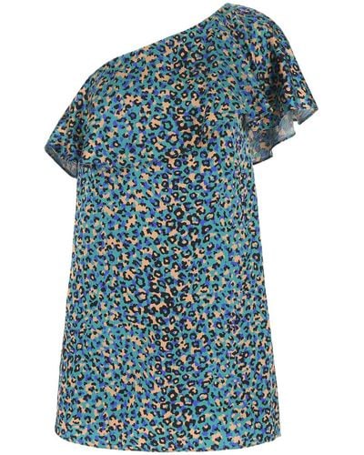 Saint Laurent Printed Stretch Silk Mini Dress - Blue