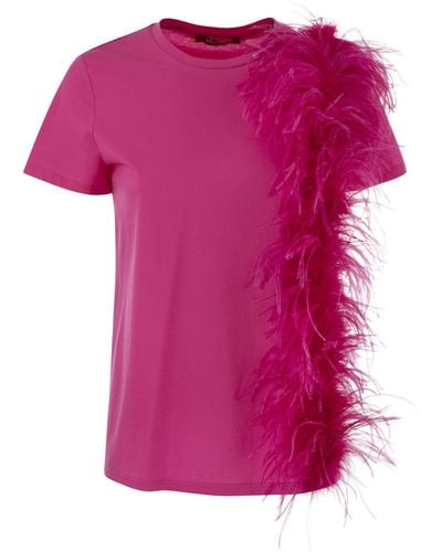 Max Mara Studio Feather Detailed Crewneck T-Shirt - Pink