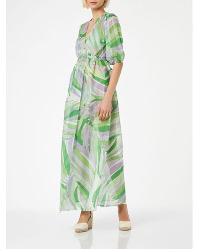 Mc2 Saint Barth Cotton And Silk Long Dress Bliss With Palm Print - Green