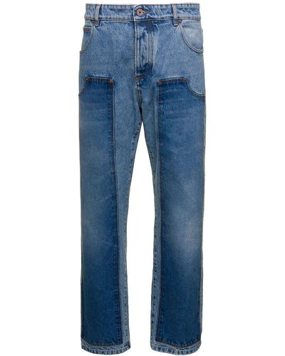 Balmain Light E Patchwork Straight Jeans With Logo Patch In Cotton Denim - Blue