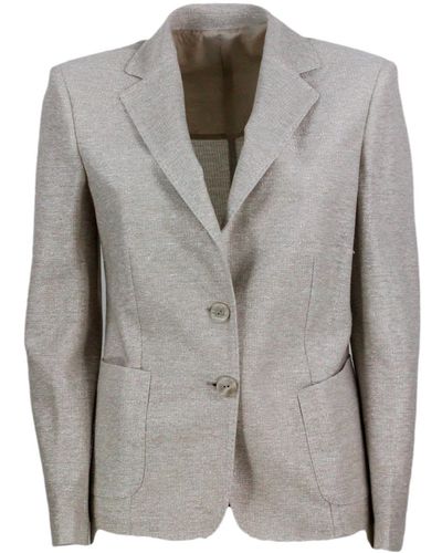 Barba Napoli Single-Breasted Two-Button Jacket Made Of Linen And Cotton And Embellished With Bright Lurex Threads - Grey