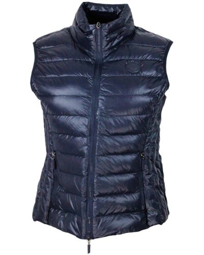 Armani Lightweight Sleeveless Vest In Real Goose Down With Small Logo And Zip Closure. Zip Pockets - Blue