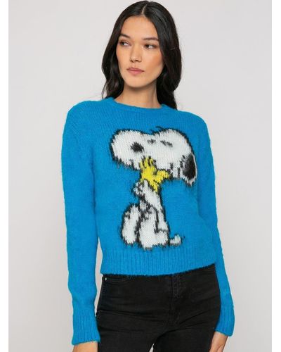 Mc2 Saint Barth Woman Brushed Sweater With Snoopy Print Peanuts Special Edition - Blue