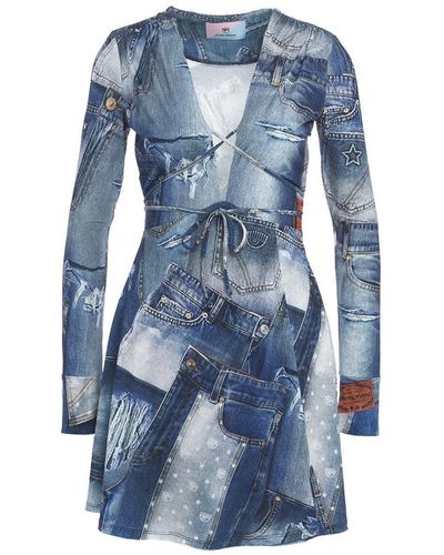 Chiara Ferragni Denim Printed Plunging V-Neck Mini Dress - Blue