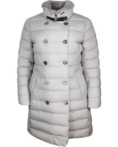 Moorer Long Double-Breasted Down Jacket With A Feminine Line Padded With Real Goose Down With Detachable Fur Collar - Gray