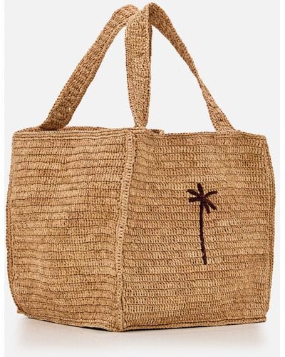 Manebí Squared Raffia Tote Bag W/Palm Detail - Brown