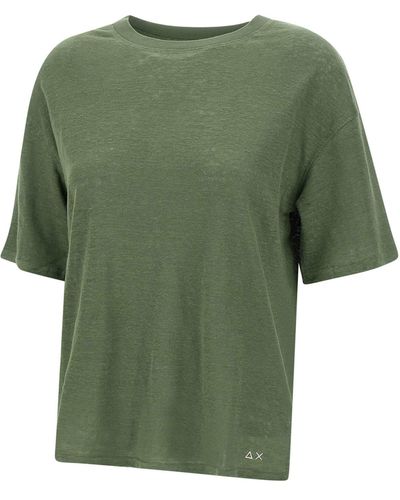 Sun 68 Round Neck Linen T-Shirt - Green