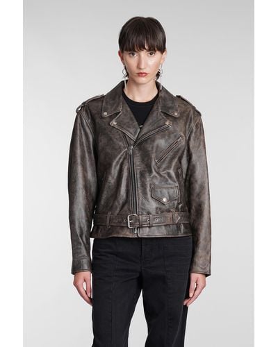 Isabel Marant Barbara Biker Jacket In Beige Leather - Gray