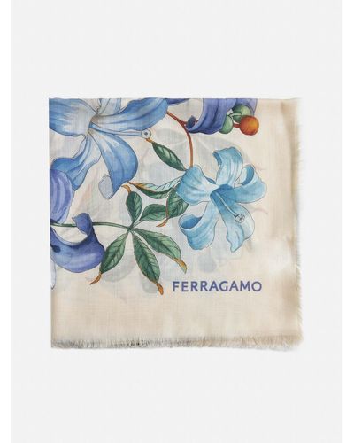 Ferragamo Floral Print Cashmere Shawl - Blue