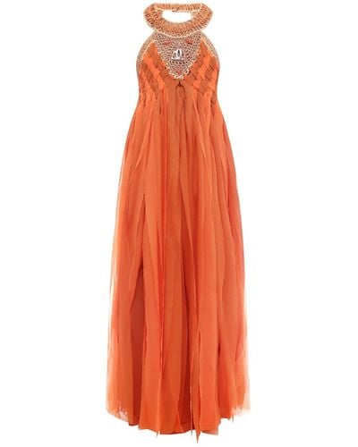Alberta Ferretti Crew Neck Silk Closure With Zip Long Dresses - Orange