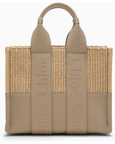 Chloé Woody Small Gray Bag In Raffia-effect Fabric - Natural
