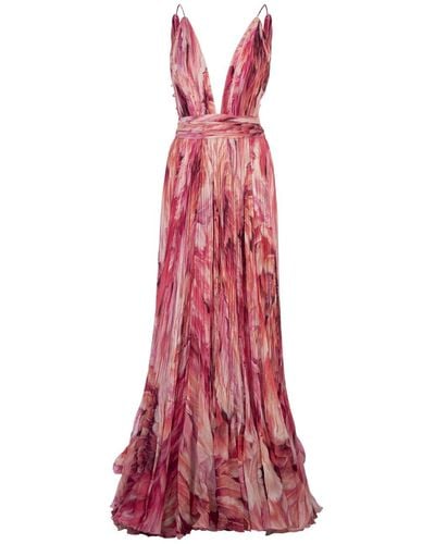 Roberto Cavalli Long Silk Dress With Plumage Print - Red