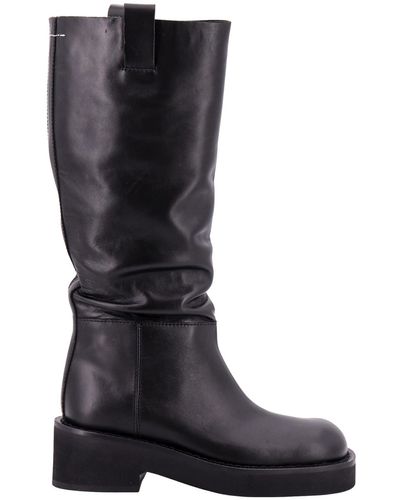MM6 by Maison Martin Margiela Flat Tall Leather Riding Boots - Black