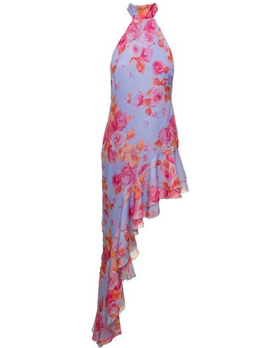 ANDAMANE Asymmetric Halerneck Dress With Floral Print - Red