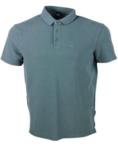 Armani 3-Button Short-Sleeved Pique Cotton Polo Shirt With Logo Embroidered On The Chest - Blue
