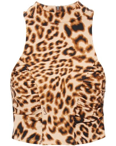 ROTATE BIRGER CHRISTENSEN Leopard Print Jersey Crop Top - Brown