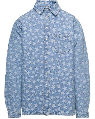 ERL Light Blue Long Sleeve Shirt With All-over Star Print In Cotton Denim