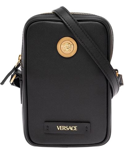 Versace Man's Black Leather Smartphone Case With Metal Logo
