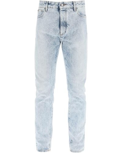 Palm Angels Slim-fit Acid-wash Jeans With Rear Curved Logo Print - Blue