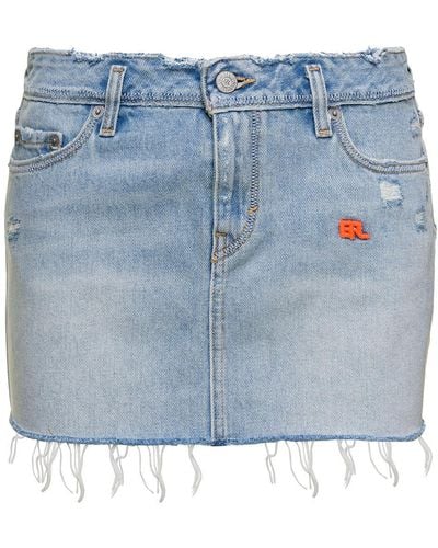 ERL Light Blue Mini-skirt With Logo Patch And Raw Edge In Cotton Denim X Levi's