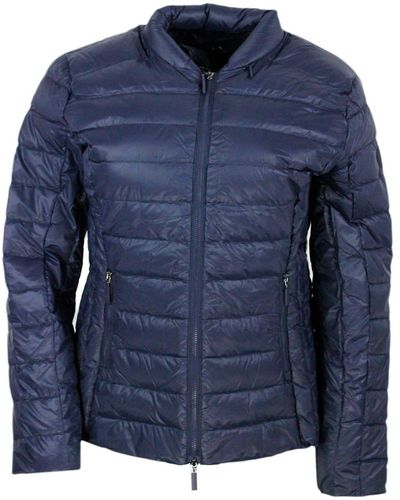 Armani Exchange Lightweight 100 Gram Slim Down Jacket With Integrated Concealed Hood And Zip Closure - Blue