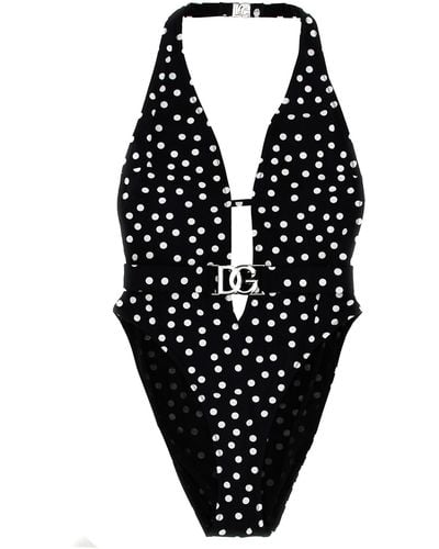 Dolce & Gabbana Logo Polka Dot One-piece Swimsuit Beachwear - Black