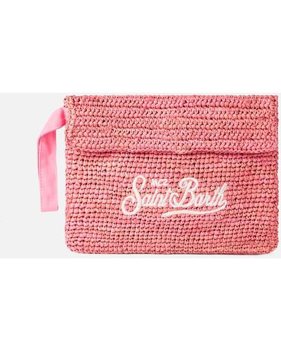 Mc2 Saint Barth Raffia Pouch Bag With Front Embroidery - Pink
