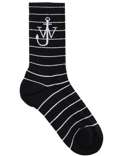 JW Anderson Striped Cotton Socks With Logo On The Ankle - Black
