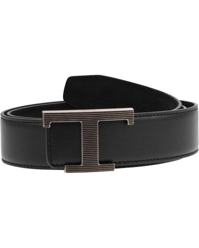 Tod's Timeless Smooth And Suede T Reversible Belt - Black