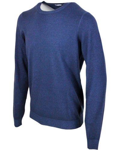 Malo Lightweight Crew-Neck Long-Sleeved Sweater Made Of Garment-Dyed Soft Light Cashmere - Blue