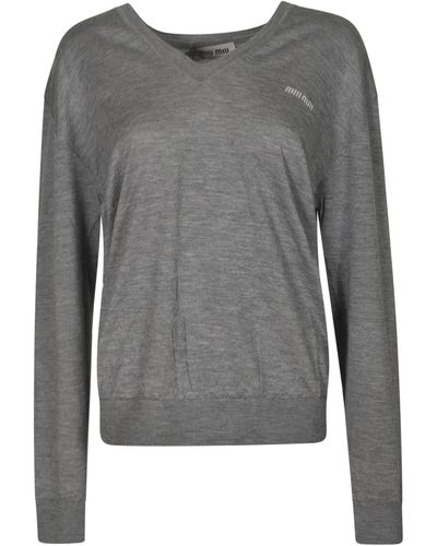 Miu Miu Logo-embroidered V-neck Jumper - Grey